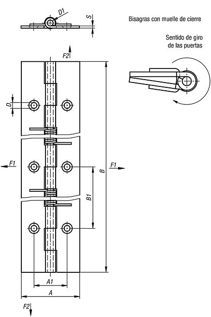 Bisagras elásticas de acero o acero inoxidable, 180 mm, muelle de cierre