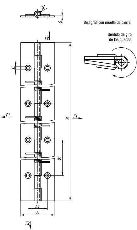 Bisagras elásticas de acero o acero inoxidable, 240 mm, muelle de cierre