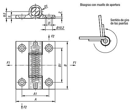 Bisagras elásticas - Bisagras con muelle tensor y perfil de aluminio, 0,35 Nm, muelle de apertura