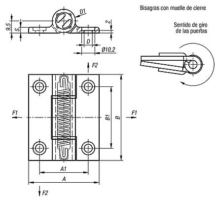 Bisagras elásticas - Bisagras con muelle tensor y perfil de aluminio, 0,35 Nm, muelle de cierre
