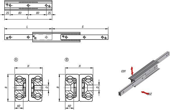 Carriles telescópicos de acero forma doble T, extensión completa, capacidad de carga hasta 305 kg