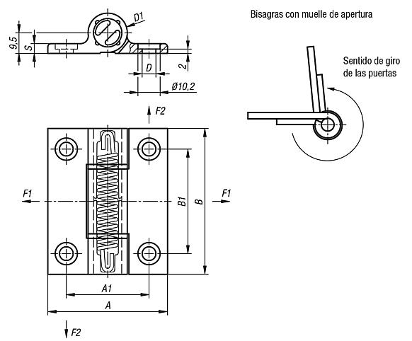 Bisagras elásticas - Bisagras con muelle tensor y perfil de aluminio, 0,7 Nm, muelle de apertura