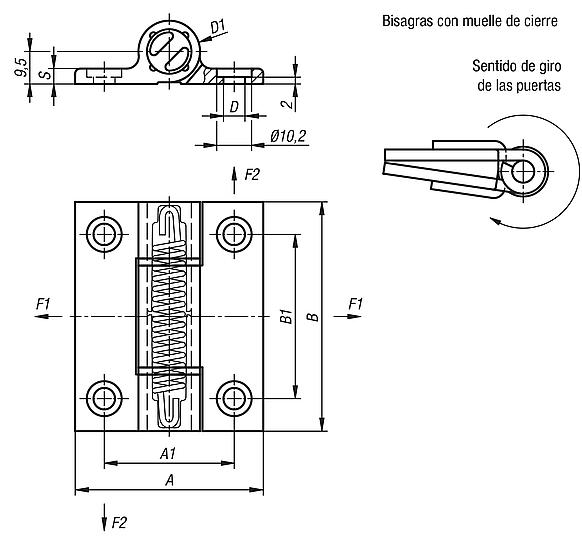 Bisagras elásticas - Bisagras con muelle tensor y perfil de aluminio, 0,7 Nm, muelle de cierre