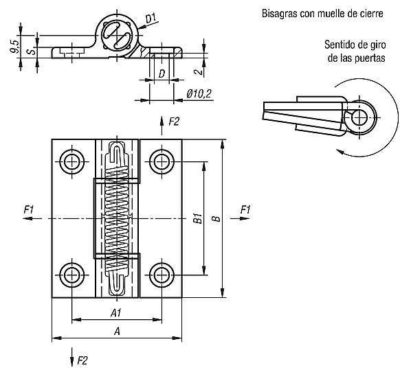 Bisagras elásticas - Bisagras con muelle tensor y perfil de aluminio, 1,3 Nm, muelle de cierre