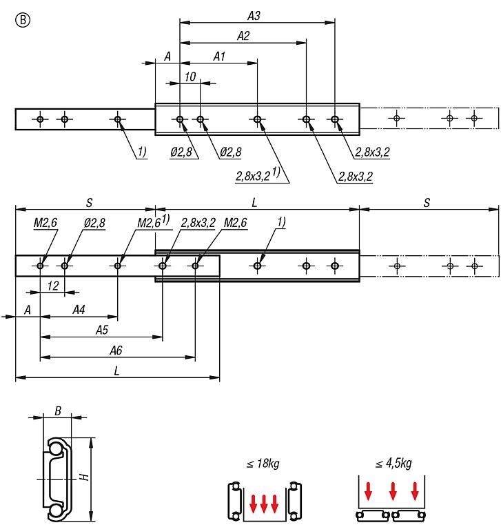 Guías telescópicas de acero inoxidable para montaje lateral, extensión parcial por ambos lados, capacidad de carga hasta 18 kg, forma B