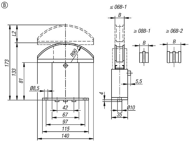 Tensor de cadena de tamaño 1, acero inoxidable con perfil arqueado, forma B