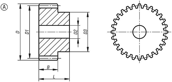 Ruedas dentadas cilíndricas de acero, módulo 4, dentado fresado, dentado recto, ángulo de presión de 20°, forma A, con cubo