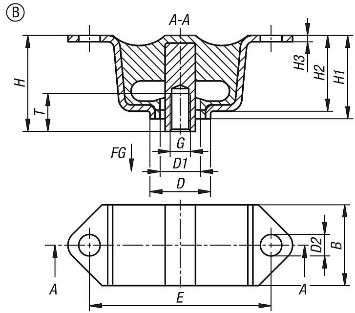 Elemento de tapa de goma y metal, forma B, IG