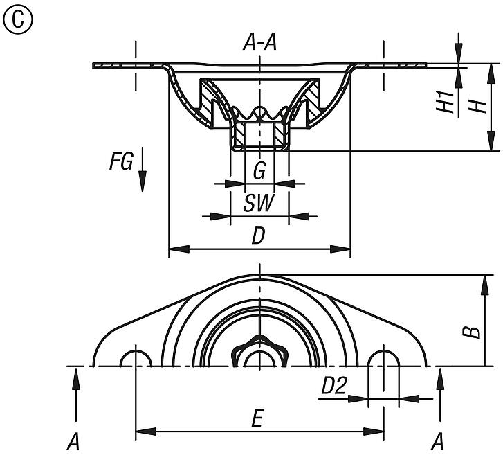Elemento de tapa de goma y metal, forma C, IG