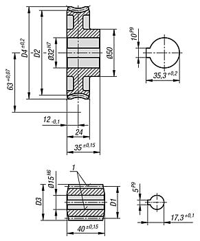 Conjuntos de rueda helicoidal de paso derecho Distancia entre ejes de 63 mm