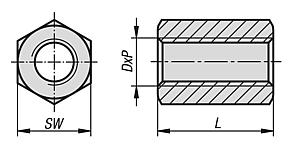 Tuercas de rosca trapezoidal hexagonales de una rosca, rosca a derecha y a izquierda