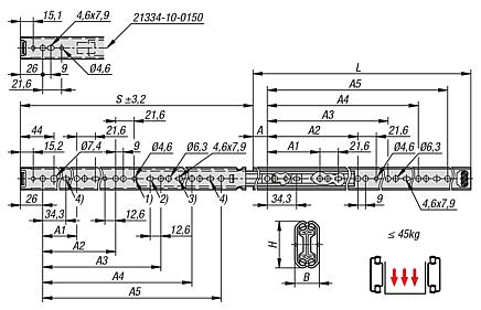 Carriles telescópicos de acero para montaje lateral, extensión completa, capacidad de carga hasta 45 kg