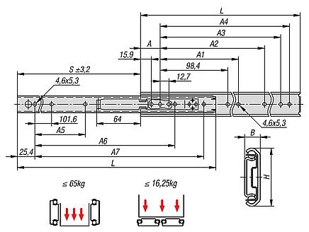 Carriles telescópicos de acero para montaje lateral, extensión parcial, capacidad de carga hasta 65 kg