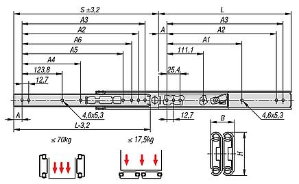 Carriles telescópicos de acero inoxidable para montaje lateral, sobre extensión, capacidad de carga hasta 70 kg