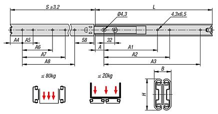 Carriles telescópicos de acero inoxidable para montaje lateral, extensión completa, capacidad de carga hasta 80 kg