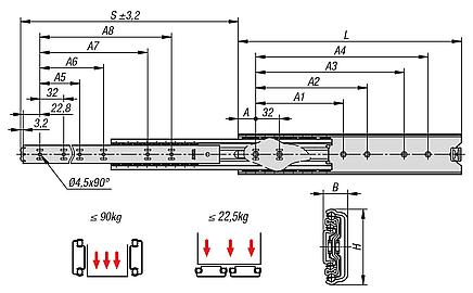 Carriles telescópicos de acero para montaje lateral, sobre extensión, capacidad de carga hasta 100 kg