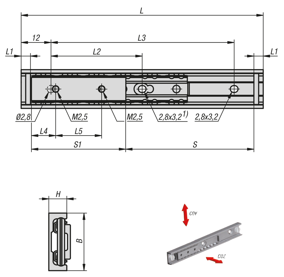 Rodamientos lineales de bolas con barras correderas interiores, aluminio, capacidad de carga hasta 5 kg
