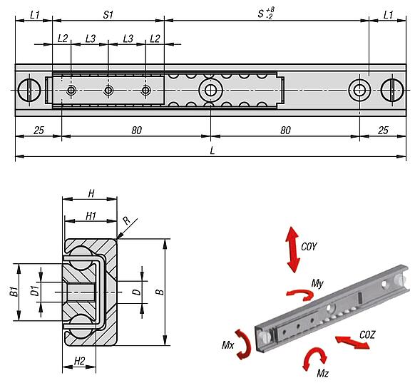 Rodamiento de bolas lineal con barras interiores, acero, capacidad de carga hasta 3.959 kg