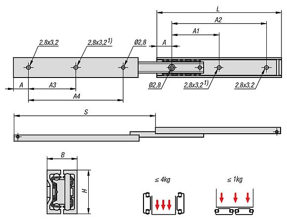 Carriles telescópicos de aluminio para montaje lateral, con extensión completa, capacidad de carga hasta 4 kg
