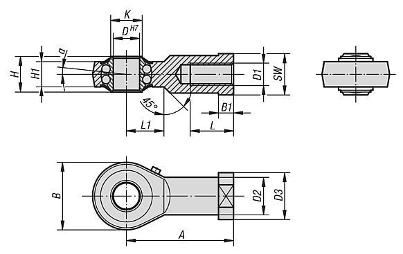 Vástagos articulados con rodamiento de bolas y rosca interior, DIN ISO 12240-4