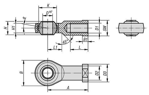 Vástagos articulados con rodamiento deslizante y rosca interior, DIN ISO 12240-4