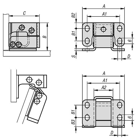 Bisagras de acero o acero inoxidable interiores, ángulo de apertura 125°