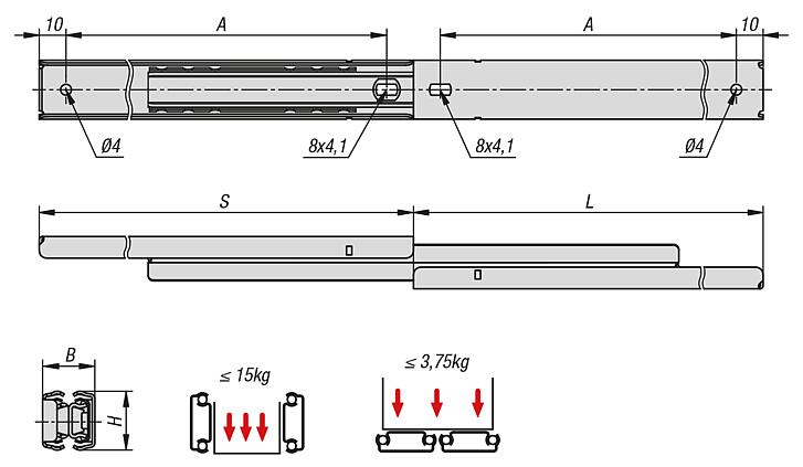 Carriles telescópicos de acero inoxidable para montaje lateral, con extensión completa, capacidad de carga hasta 15 kg