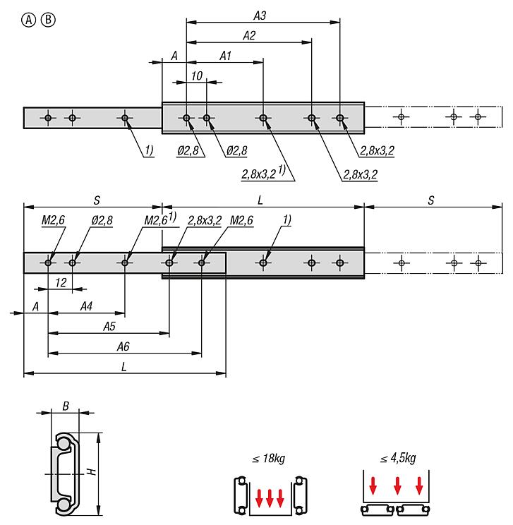 Guías telescópicas de acero inoxidable para montaje lateral, extensión parcial a ambos lados, capacidad de carga hasta 18 kg