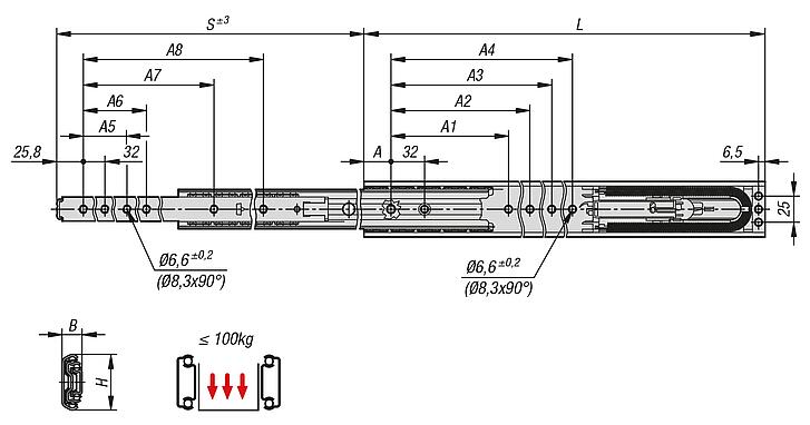 Carriles telescópicos de acero inoxidable para montaje lateral, con extensión completa, capacidad de carga hasta 100 kg