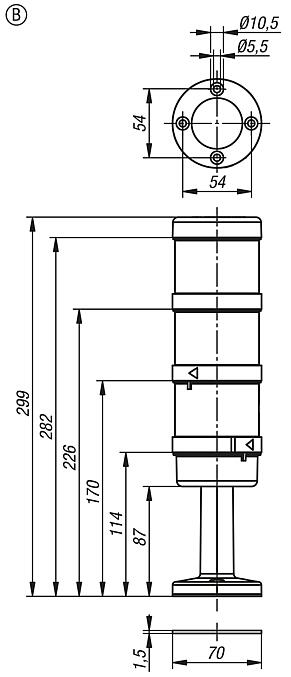 Columnas de señalización, LED verde, amarillo, rojo, Ø70 mm equipo completo, forma B
