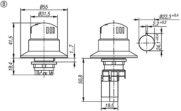 Pulsadores de parada de emergencia, versión integrada Ø 22,3 mm
con bloques de contactos, forma B