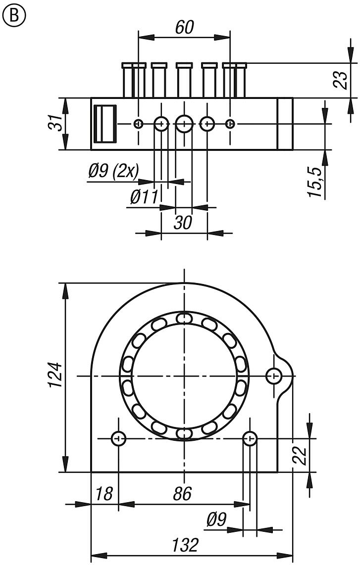 Elementos de conexión con descarga de tracción, forma B