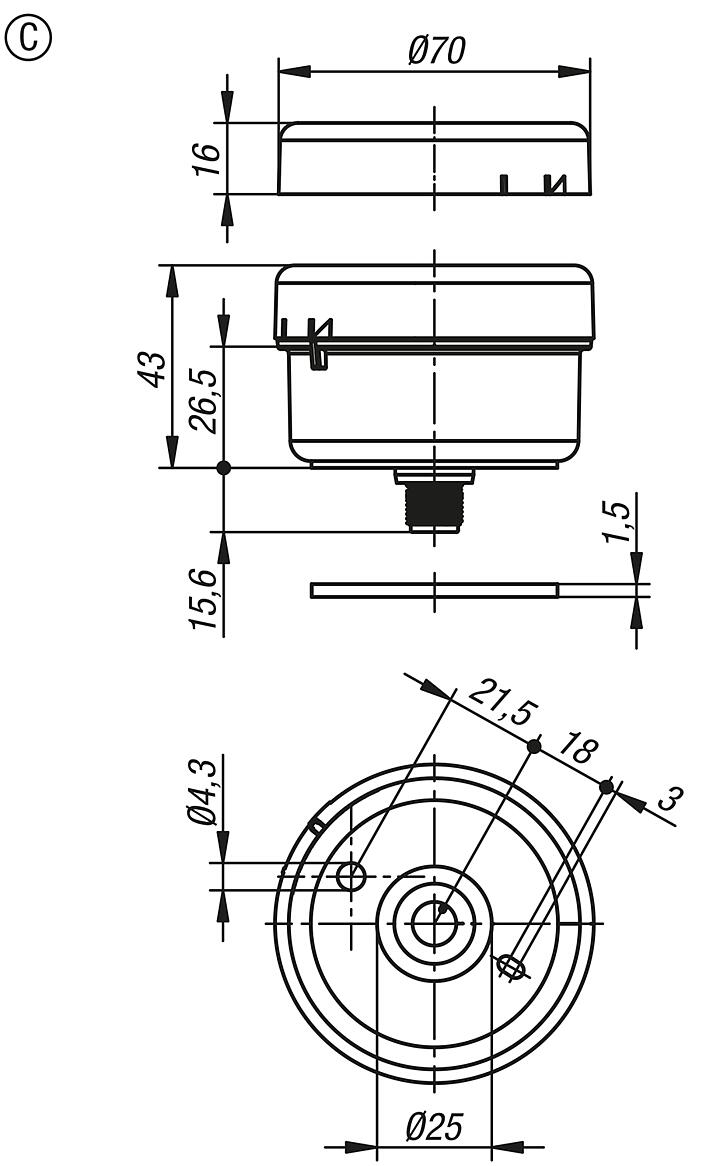 Elementos de conexión, Ø70 mm 12-230 V AC/DC, forma C