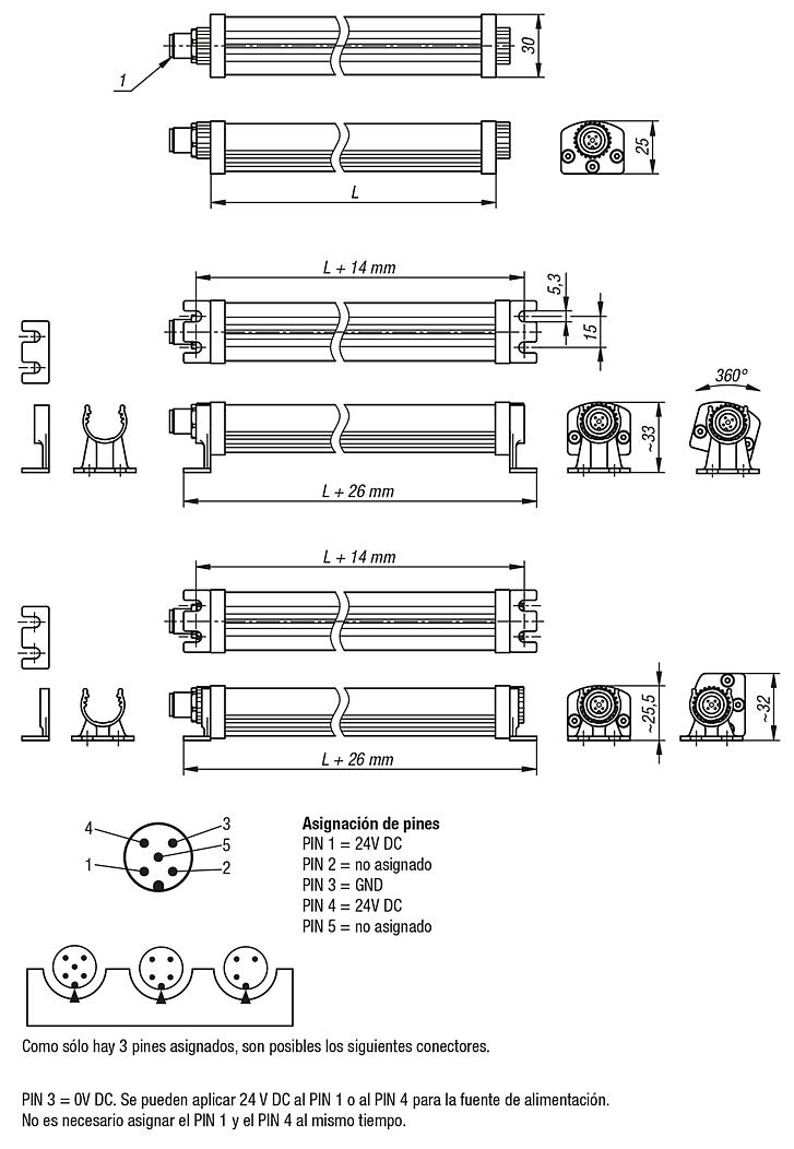 Luces LED para máquinas en carcasa de aluminio 5600K, atenuables, 24 voltios DC, cristal de seguridad