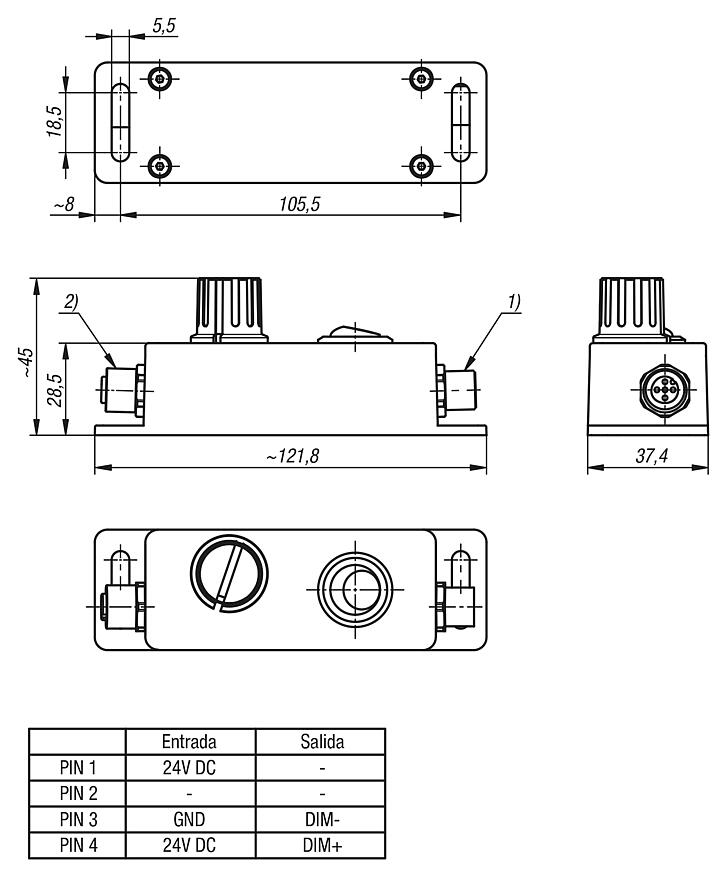 Unidad de mando de atenuador 24V DC con conector macho/hembra M12 con codificación A