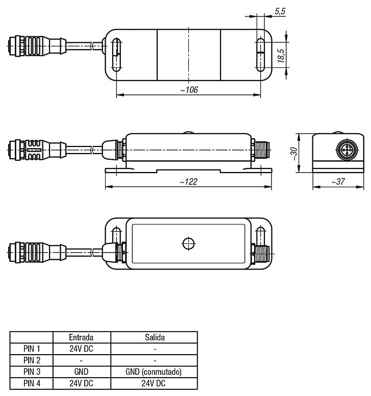 Detector de movimiento, sensor PIR 24 V DC con conector macho/ hembra M12 codificado en A