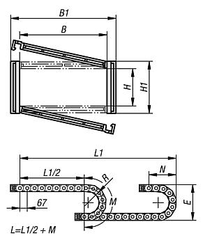 Cadenas portacables de plástico altura interior 45 mm, se abren por los dos lados