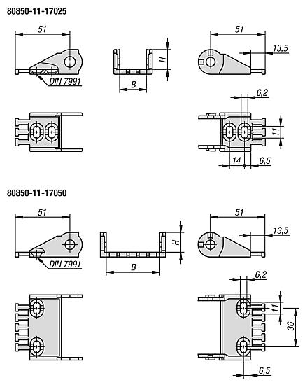 Elementos de conexión de plástico para cadenas portacables, altura interior 17 mm