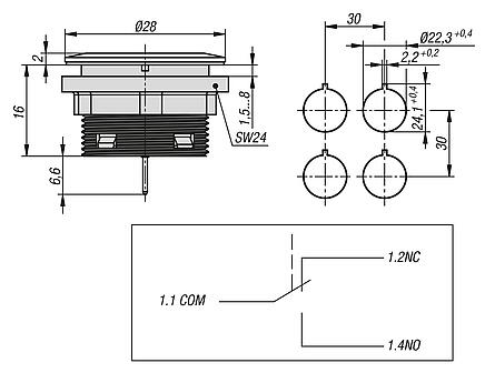 Pulsadores táctiles, versión integrada Ø 22,3 mm
con conexión de conector plano, compactos