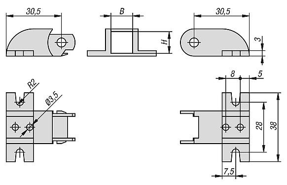 Elementos de conexión de plástico para cadenas portacables, altura interior 12 mm