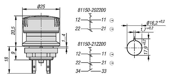 Pulsadores de parada de emergencia, versión integrada Ø 16,2 mm Conexión de conector plano