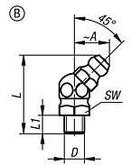 Racor de lubricación, forma cónica según DIN 71412, forma B, ángulo de 45°, hexagonal