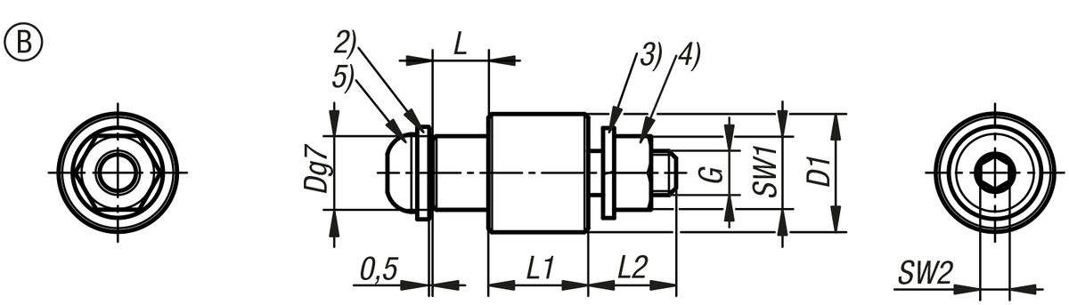 Pernos de acero o acero inoxidable para rodillos guía - forma B