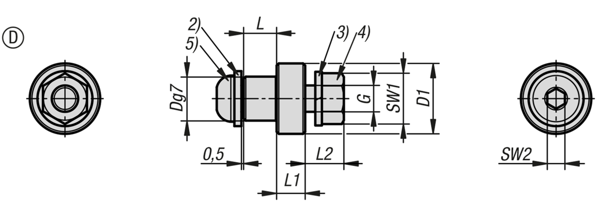 Pernos de acero o acero inoxidable para rodillos guía - Forma D