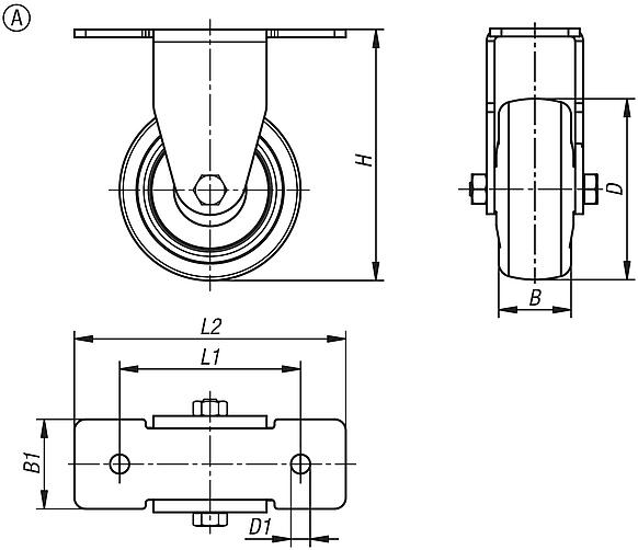 Rodillos guía y ruedas fijas de acero para aparatos, superficie de rodadura de TPE para perfiles de aluminio, forma A
