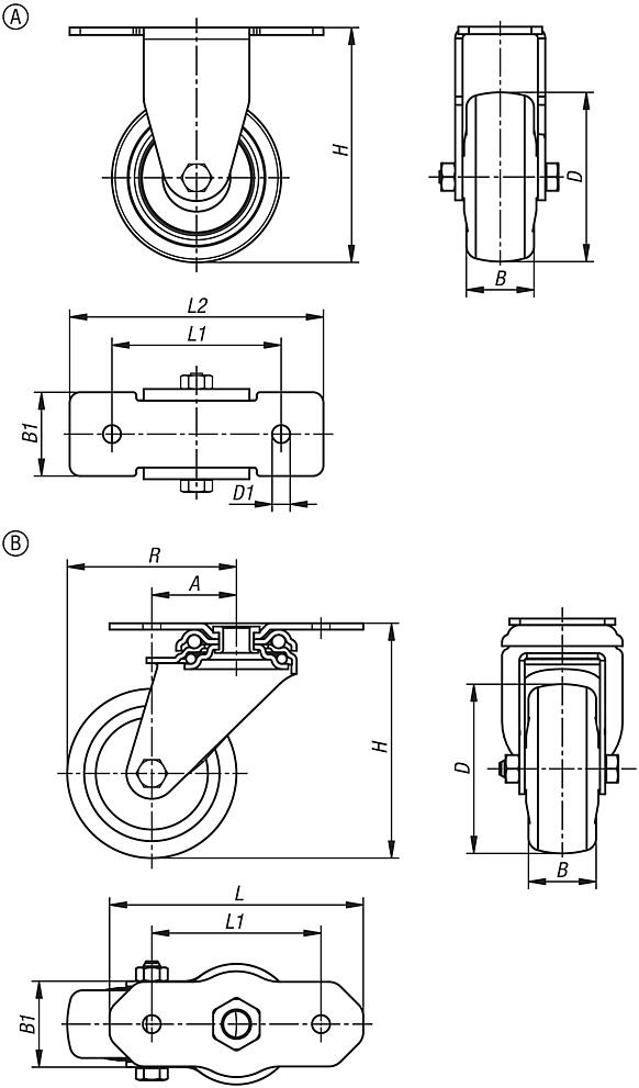 Rodillos guía y ruedas fijas de acero para aparatos, superficie de rodadura de goma maciza elástica para perfiles de aluminio