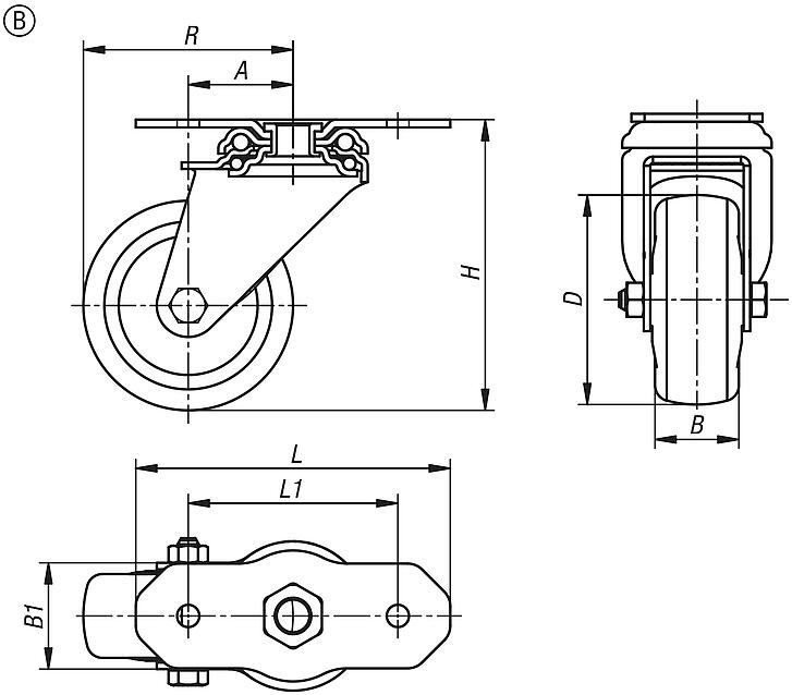 Rodillos guía y ruedas fijas de acero para aparatos, superficie de rodadura de goma maciza elástica para perfiles de aluminio, forma B