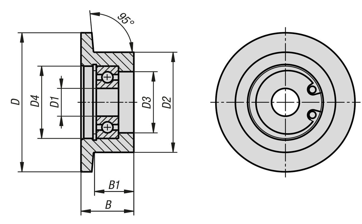 Rodillos guía de acero con brida en un lado