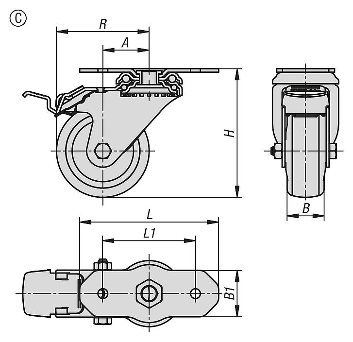 Rodillos guía y ruedas fijas de acero para aparatos, superficie de rodadura de TPE con conductividad eléctrica para perfiles de aluminio, forma C