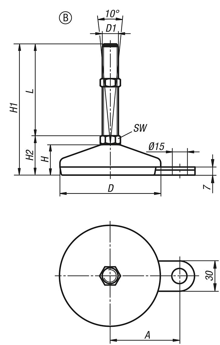Pies regulables de acero o acero inoxidable, forma B